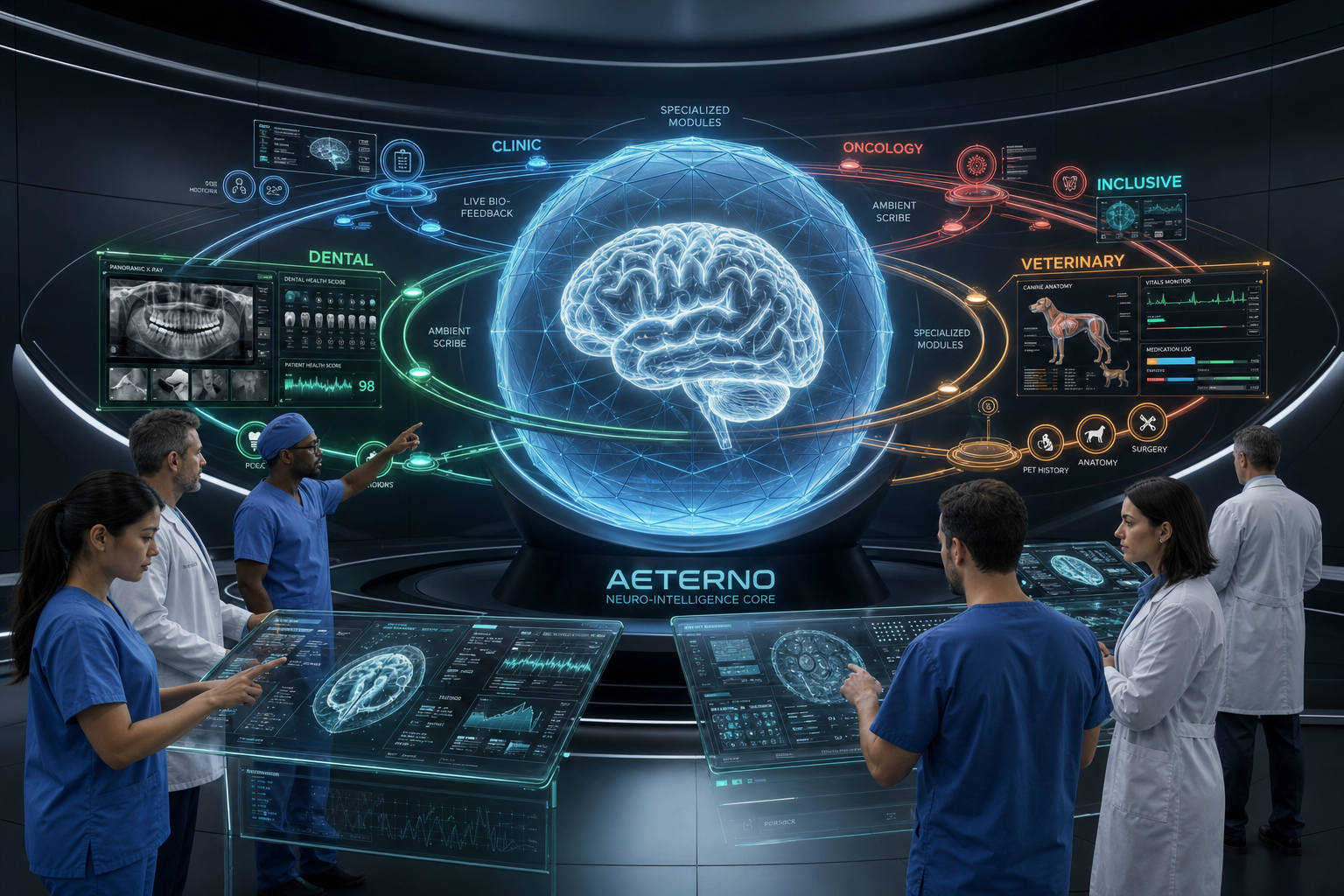 AETERNO Neuro-Intelligence Core with clinicians at glass consoles and module orbits
